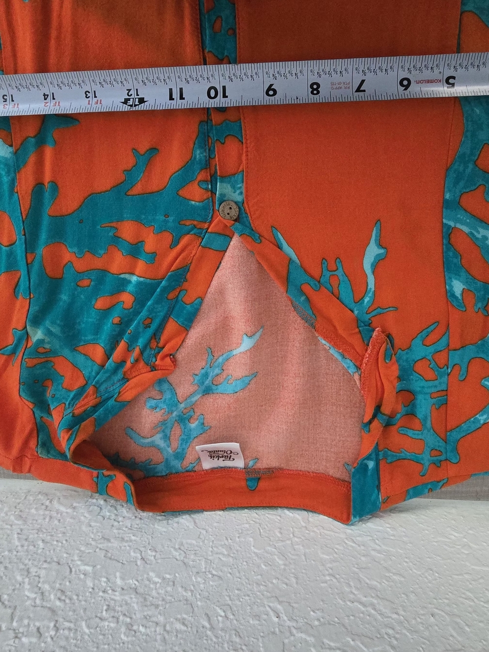 Turkis Otantik Cotton Coral Print Mini Dress Bell Sleeve Orange Turquoise L - Picture 8 of 9